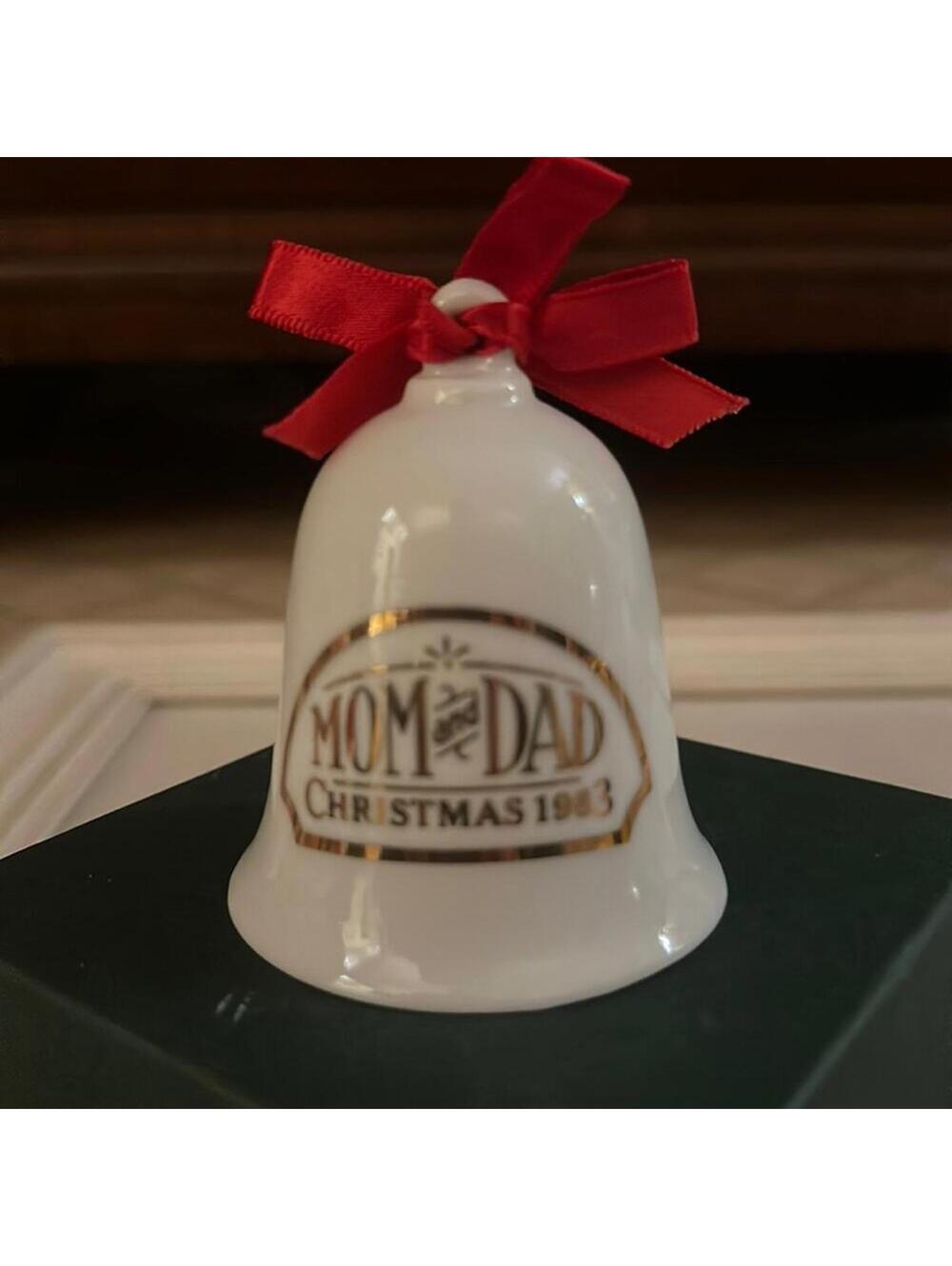 Vintage Hallmark 1983 Mother and Dad ceramic Christmas Bell w gold detail